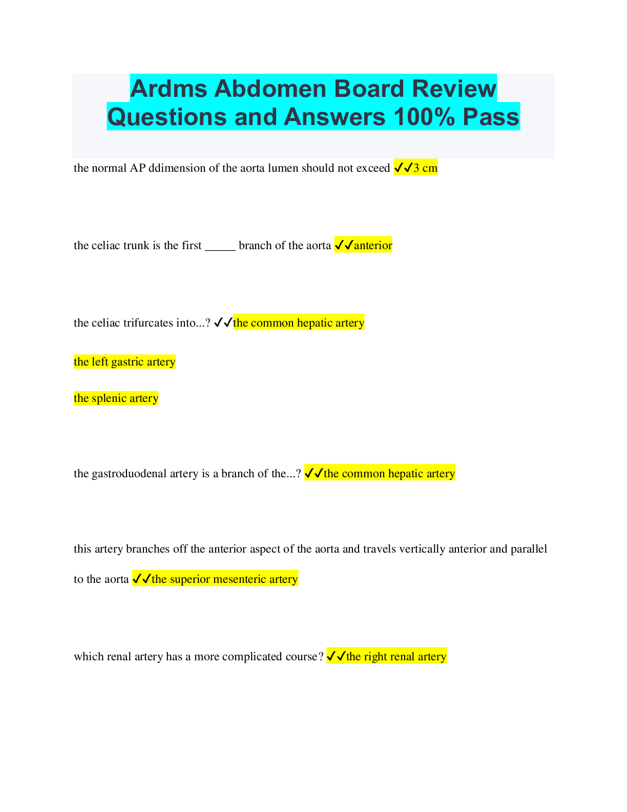 Preview of Ardms Abdomen Board Review Questions and Answers 100% Pass